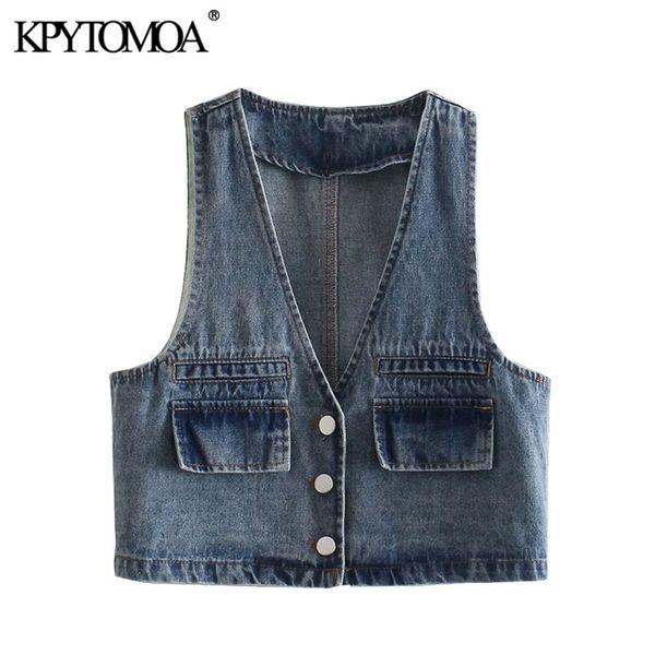 

women fashion with pockets denim cropped vest coat vintage v neck sleeveless female waistcoat chic 210421, Black;white