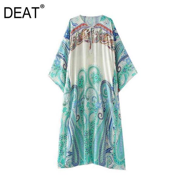 

[deat] summer fashion round neck knee-length printing long sleeve loose elegant dress women 13c934 210527, Black;gray