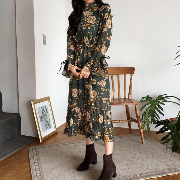 

casual dresses goohojio vintage floral print flare sleeve slim waist a-line dress women summer autumn stand collar female long 2021, Black;gray