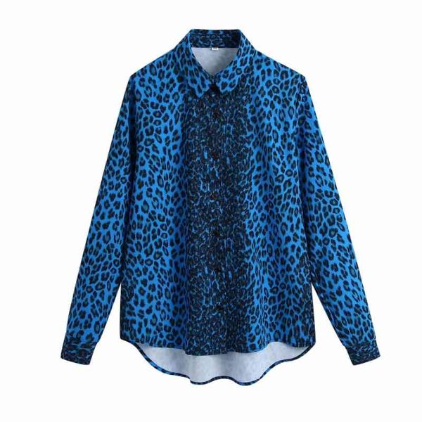 Primavera Mulheres Chique Leopardo Impressão Coleira Colares Camisa Feminino Manga Longa Blusa Casual Lady Tops Blusas S8613 210430