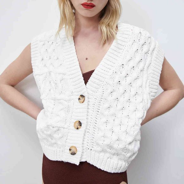 

women fashion with buttons cropped cable-knit vest sweater vintage v neck sleeveless female waistcoat chic 210430, Black;white