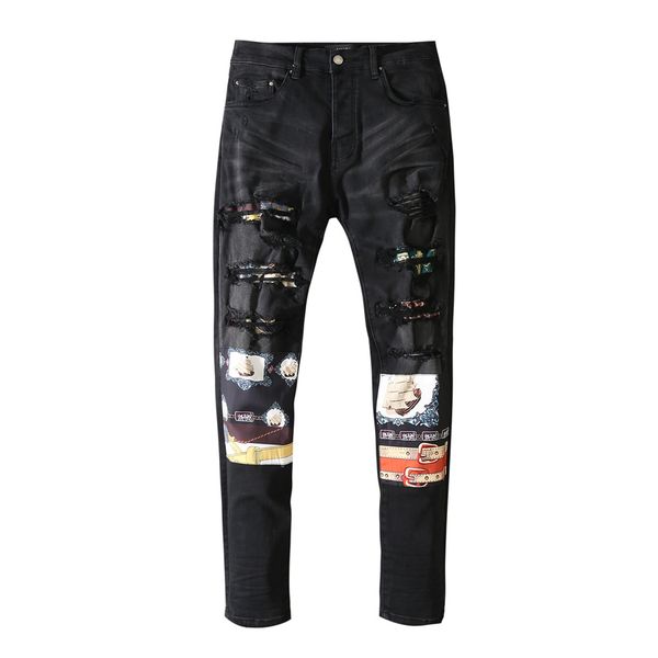 

men patch hole ripped jeans floral pants casual slim fit stretch denim men elastic trousers for men streetwear, Blue