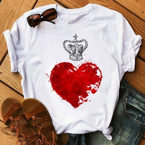 

vogue red heart love print womens t shirt summer short sleeve lady ladies graphic female tee, White