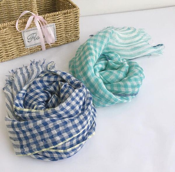

scarves pure linen small plaid scarf japanese soft and breathable shawl spring summer, Blue;gray