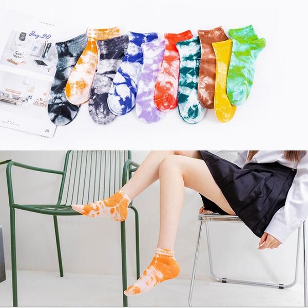 

women girls tie-dyeing printed ankle socks cotton short tie dye sock with tags printing fashion sports street-style lady skateboard spring s, Black