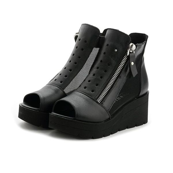 

dress shoes fashion platform wedge peep toe mesh women sandals 2021 summer hollow out boots side zipper gladiator chunky heels, Black