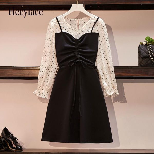 

casual dresses plus size women sweet a-line dress autumn 2021 cute polka dot long sleeve patchwork drawstring lace-up vintage mini, Black;gray