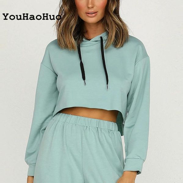 

women's hoodies & sweatshirts women solid color cropped 2021 fashion casual hooded sweatshirt ladies long sleeve pullover, Black