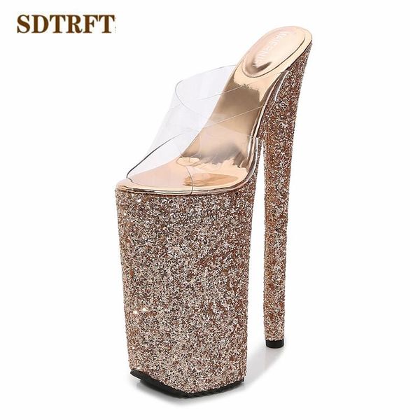

slippers sdtrft summer ladies nightclub sequins shoes woman sandals 16cm platform 26cm thin high heels non-slip gladiator slipper, Black