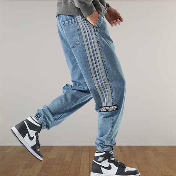 

spring men's jeans side stripes stretch denim pants trendy little harlan casual men, Black