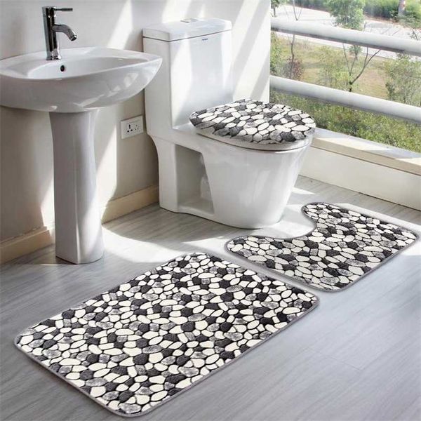 3 pezzi tappeto copriwater coperchio tappetino da bagno set pietra modello lavabile antiscivolo bagno piedistallo tappeto 211130