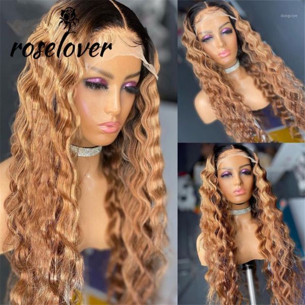 

ombre honey blond deep wave lace front human hair wigs brazilian remy 180% for black women pre plucked bleached knots1, Black;brown
