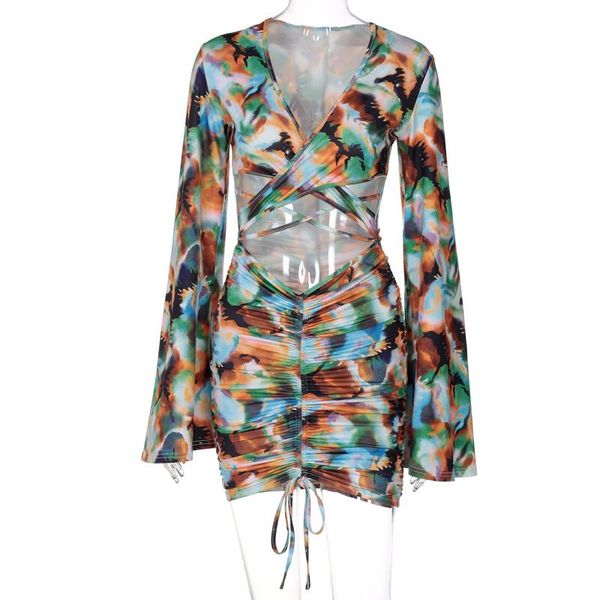 

casual dresses tie-dye women's deep v-neck flared sleeves umbilical dress drawstring pleated skirt holiday street, Black;gray