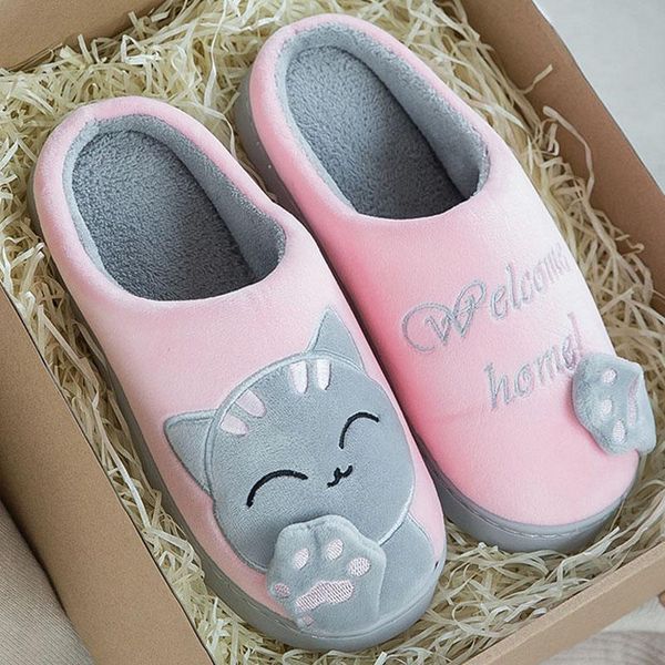 

slippers cartoon cat winter warm women non-slip indoor flat footwear 2021 couple home soft plush shoes ladies furry slides, Black