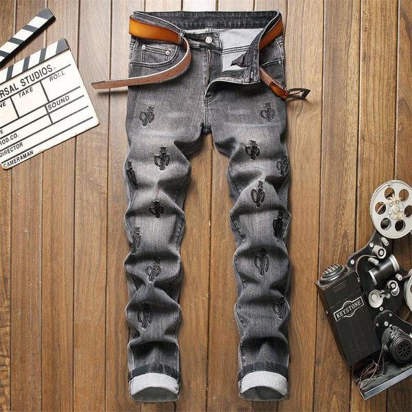 

men's jeans european and american style slim stretch cat whiskers white embroidery gray fashion trendy pants 3037, Blue