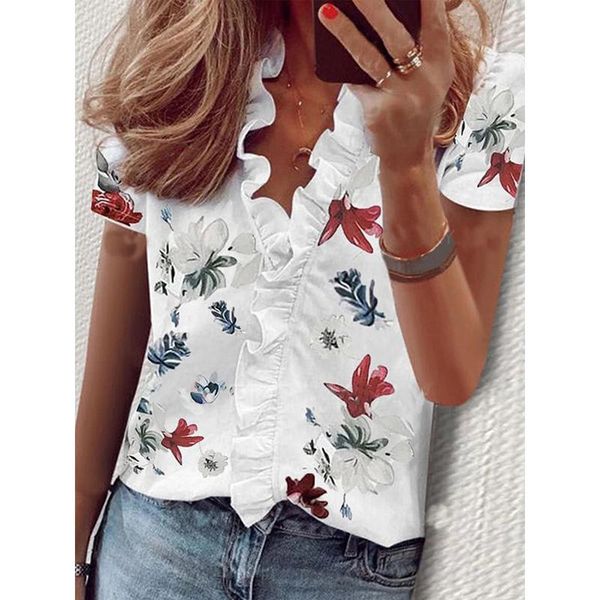 

women's blouses & shirts shirt women short sleeve blouse elegant fashion ruffle v neck womens and tunic, White