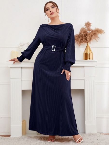

plus shirred cuff lantern sleeve belted velvet dress s9uj#, Black