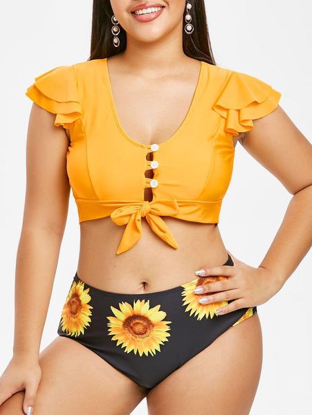 

one-piece suits button loop knotted sunflower plus size two piece swimwear