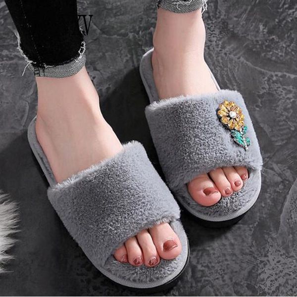 

women's cotton slippers plush handmade flat shoes cute flowers simple indoor non-slip home warm sh608, Black
