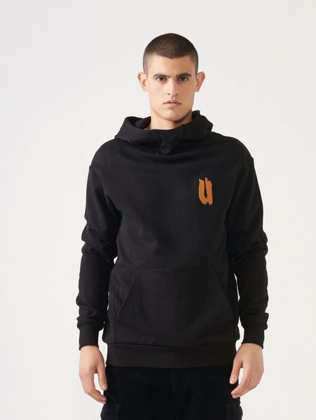 

men letter graphic kangaroo pocket hoodie 72gc#, Black