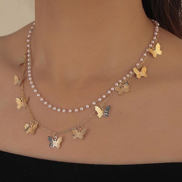 

chokers fashion ol ladies party festival fairy butterfly alloy double-layer design sense tassel pearl clavicle chain necklace, Golden;silver