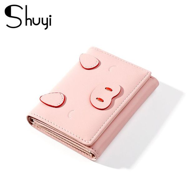 

wallets 2021 2 folding cute pig designer wallet ladies purse pink pu leather short women female small money purses card holder, Red;black