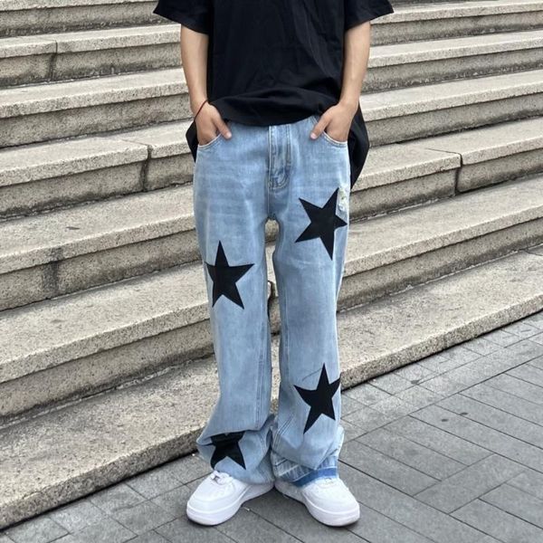 

men's jeans hip hop hole five stars embroidery washed retro male pants harajuku loose straight oversize casual denim trousers unisex, Blue