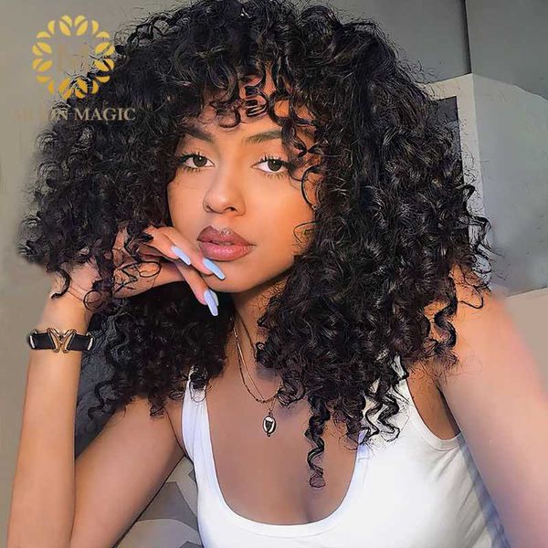 

lace wigs bangs wig human hair mongolian kinky curly 250 density pre plucked fringe t part front, Black;brown