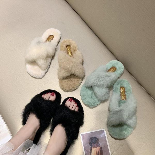 

korean ins fashion indoor slippers warm soft fur faux plush comfortable women's shoes female bedroom outdoor, Black