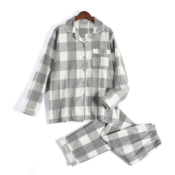 

fresh plaid 100% gauze cotton lovers pajama sets women and men autumn long sleeve japanese casual sleepwear women pyjamas 210928, Black;red