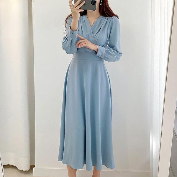 

casual dresses elegant korean long midi dress women slim waist folds v-neck puff sleeve office lady fashion vestido feminimos, Black;gray