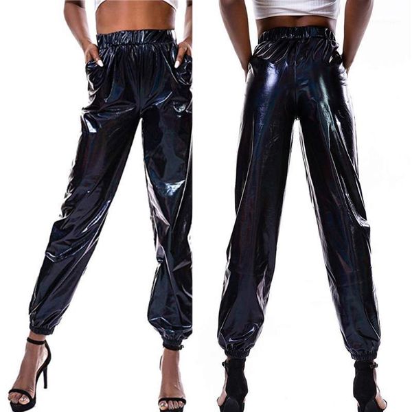 

women's pants & capris high waist metallic shiny jogger casual holographic color fashion streetwear ladies female clothes, Black;white
