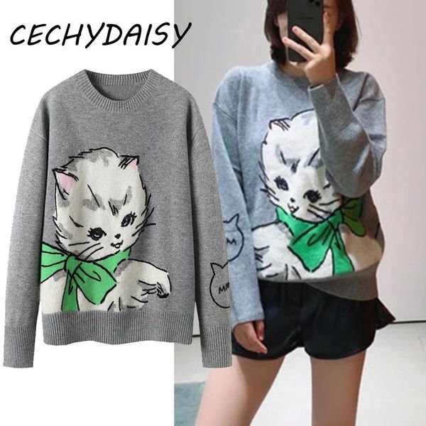 

women's sweaters sweater pullover women 2022 autumn winter o-neck long sleeve cartoon cat loose casual knitted jumper clothes pull, White;black