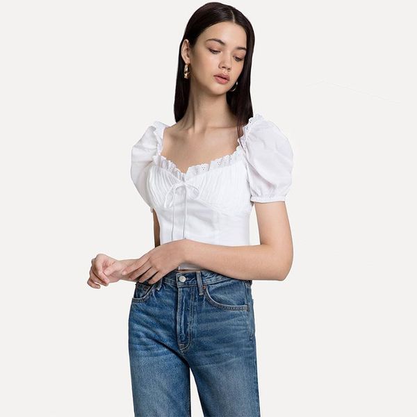 

women's blouses & shirts 2021 year women chic short shirt sleeves summer lace-up club lady blouse pullover clothes, White