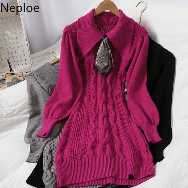 

neploe korean bodycon dress female midi dresses for women turn-down collar lace up bow vestidos knit woman clothes ribbed robe 210422, Black;gray