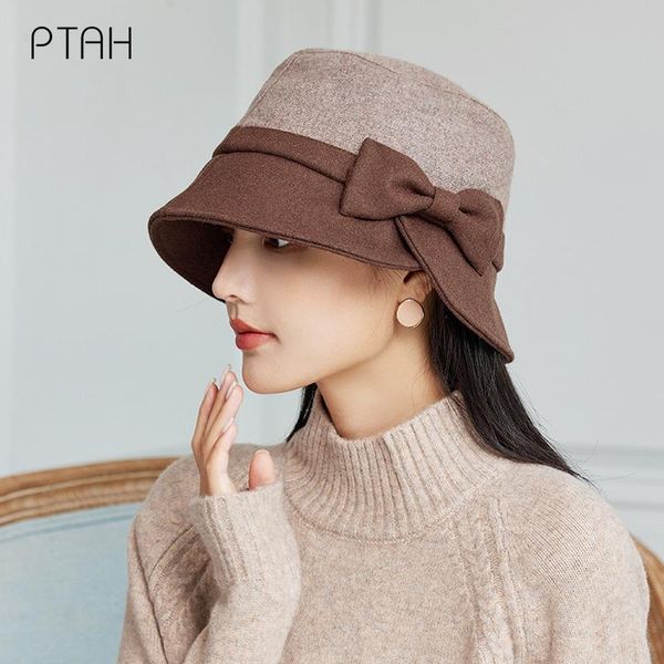 

stingy brim hats [ptah] woolen bucket hat winter warm women lady thicken flat cap outdoor soft tweed temperament elegant, Blue;gray