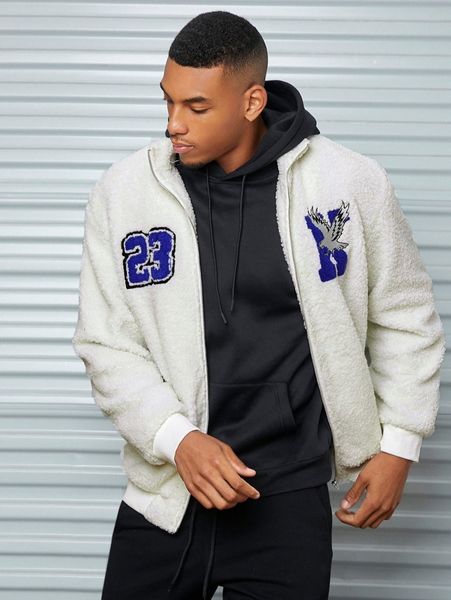 

men number and eagle embroidered teddy jacket 18t9#, Black;brown