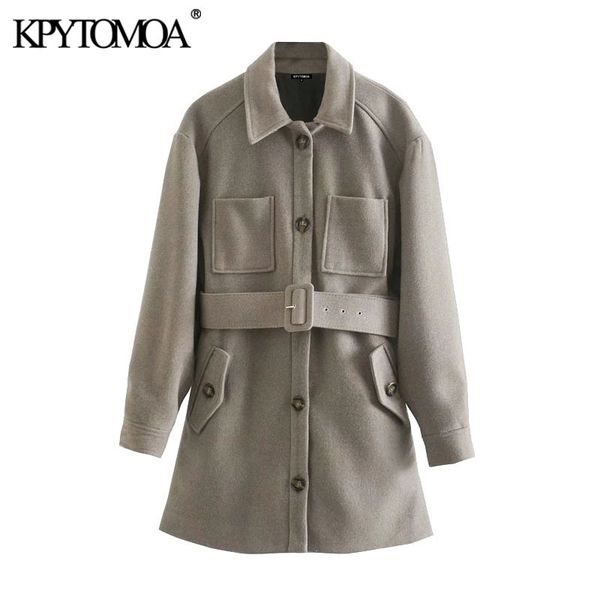 

women fashion with belt loose woolen coat vintage long sleeve pockets female outerwear chic overcoat 210416, Black