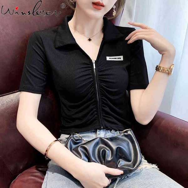 

women's t-shirt summer european clothes cotton short fashion fold zipper crop women solid all match tees 2021 t15221, White