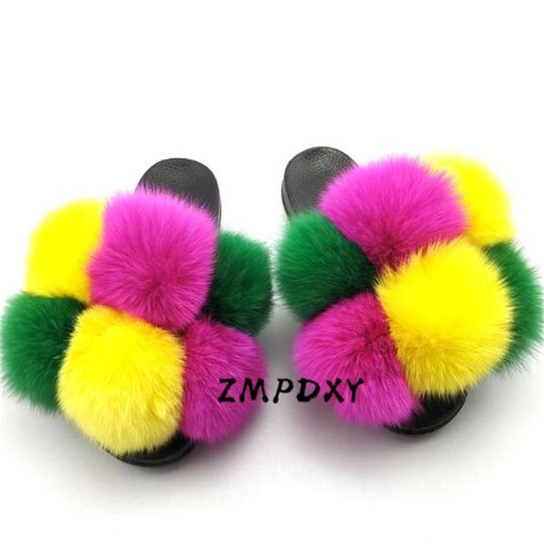 

slippers women's real fur cute pvc wool ball big plush slides ladies fluffy rex sandals female furry flip flops, Black