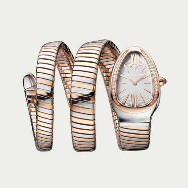 

wristwatches luxury women watch quartz movement snake watches diamond bezel silver rose gold stainless steel female lady, Slivery;brown