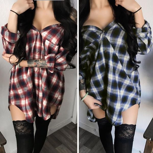 

casual dresses off-the-shoulder tartan shirt, Black;gray