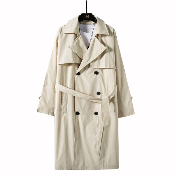 

double breasted trench coat men jacket overcoat casual men's windbreakers solid color long loose autumn trenchs with belt, Tan;black