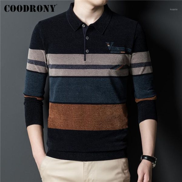 

men's sweaters coodrony autumn winter soft warm knitted chenille sweater men clothing business casual striped turn-down collar pullover, White;black
