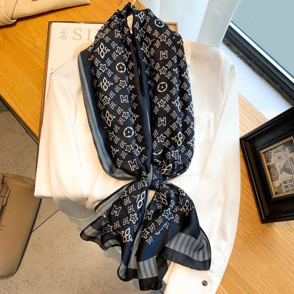 

hats, scarves & gloves sets 2021 korean version of the silk imitation fashion early autumn decoration warm scarf retro printed dual-use long, Blue;gray