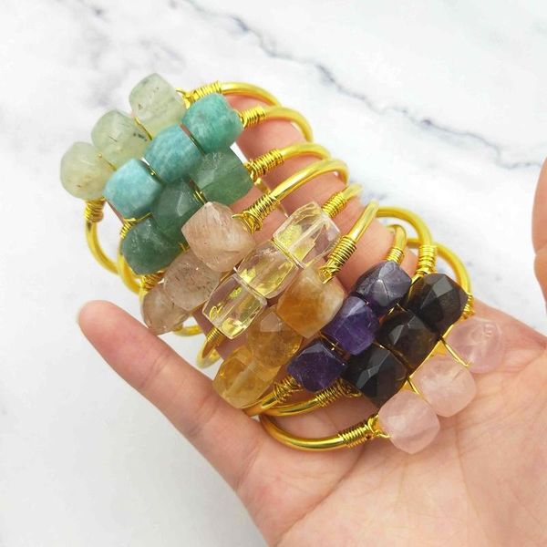 

bangle various natural crystal gold plated brass strawberry quartz amazonite green aventurine jewelry charm for women men, Black