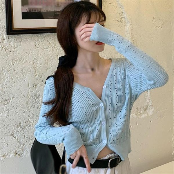 

french retro style ladies fashion women sweater hollow out v neck sweaters simple wild solid long sleeve knit cardigan, White;black