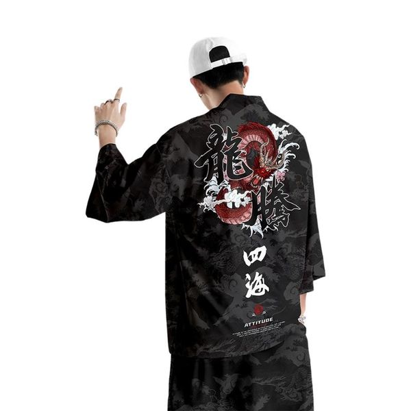 

ethnic clothing personality hip hop two-piece suit japanese cardigan kimono men women yukata + pants sets plus size, Red