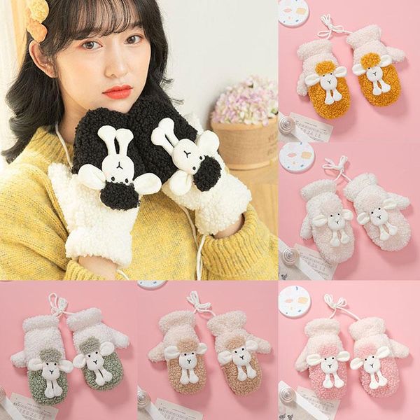 

five fingers gloves ins winter 5 color exquisite double layer lamb velvet warm hanging neck thick female mittens, Blue;gray