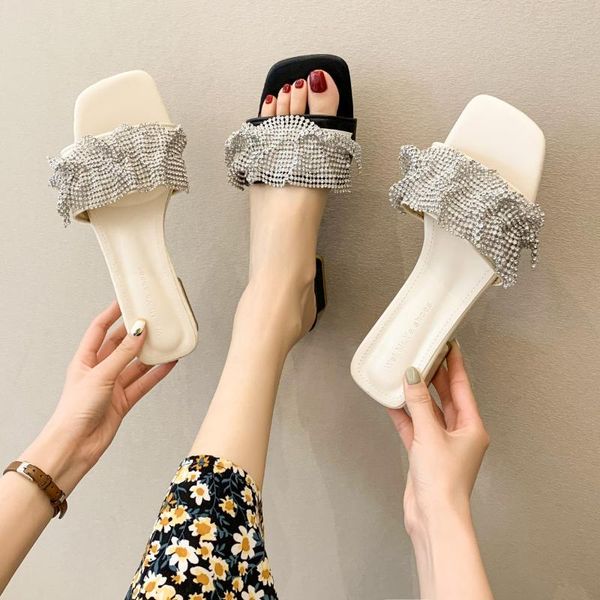 

slippers low female shoes glitter slides heels fashion square heel 2021 jelly high luxury block rome fabric pu retro basic cryst, Black